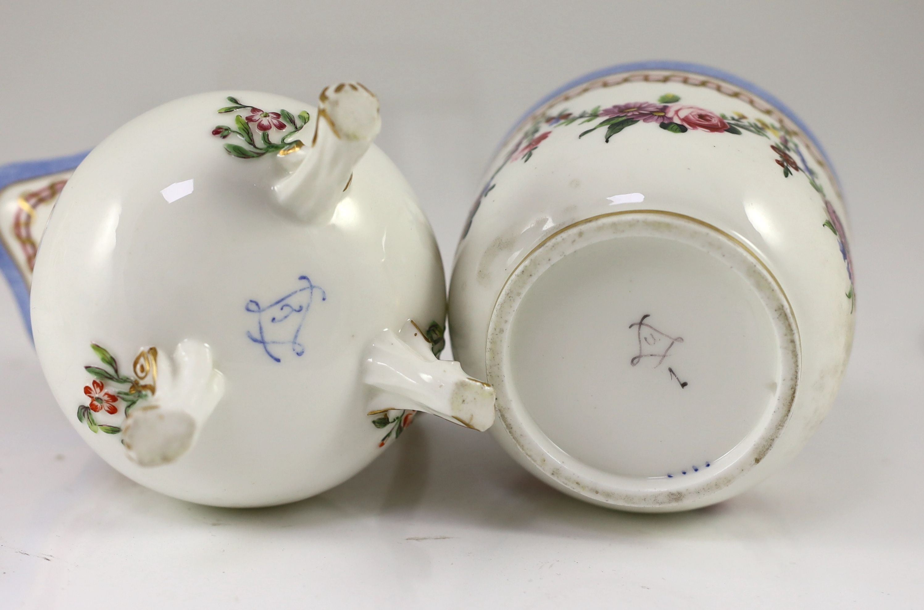 A Sevres porcelain part tea service, c.1772-3, One teacup handle repaired